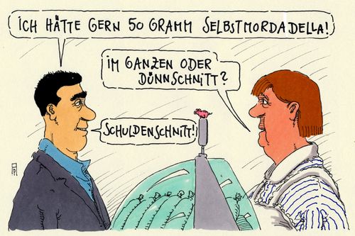 Cartoon: schuldenschnittig (medium) by Andreas Prüstel tagged griechenland,schuldenkrise,schuldenschnitt,euro,eu,tsipras,merkel,mortadella,cartoon,karikatur,andreas,pruestel,griechenland,schuldenkrise,schuldenschnitt,euro,eu,tsipras,merkel,mortadella,cartoon,karikatur,andreas,pruestel