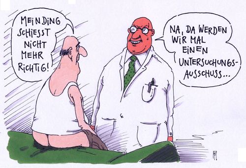 Cartoon: schußschwäche (medium) by Andreas Prüstel tagged bundeswehr,sturmgewehr,sechsunddreißig,mängel,urologe,arzt,patient,untersuchungsausschuß,schießen,cartoon,karikatur,andreas,pruestel,bundeswehr,sturmgewehr,sechsunddreißig,mängel,urologe,arzt,patient,penis,untersuchungsausschuß,schießen,cartoon,karikatur,andreas,pruestel