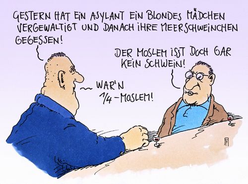 Cartoon: schweinefleisch (medium) by Andreas Prüstel tagged flüchtlingszustrom,asyl,asylanten,vergewaltigung,blond,meerschweinschen,schweinefleisch,islam,moslem,fremdenhass,fremdenfeindlichkeit,pegida,cartoon,karikatur,andreas,pruestel,flüchtlingszustrom,asyl,asylanten,vergewaltigung,blond,meerschweinschen,schweinefleisch,islam,moslem,fremdenhass,fremdenfeindlichkeit,pegida,cartoon,karikatur,andreas,pruestel