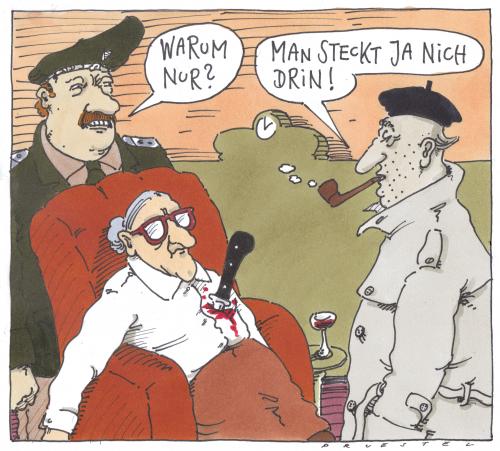 Cartoon: schwieriger fall (medium) by Andreas Prüstel tagged mord,kommissar,verbrechen,kriminalität,mord,mörder,opfer,polizei,kripo,kommissar,raubmord,messe,klinge,fall,tod,sterben,töten,erstechen,mordfall,leben,polizist,ermorden,inspektor,tatort