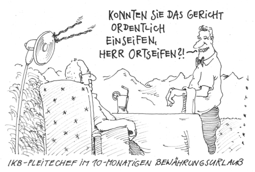 Cartoon: seifenurteil (medium) by Andreas Prüstel tagged ikbbank,pleite,manager,verurteilung,finanzkrise,ortseifen,pleite,manager,verurteilung,ort,finanzkrise,wirtschaftskrise,gericht,chef,ikb,bank,banken,urlaub