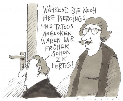 Cartoon: seinerzeit (medium) by Andreas Prüstel tagged piercing,tatoo,beischlaf,neugier