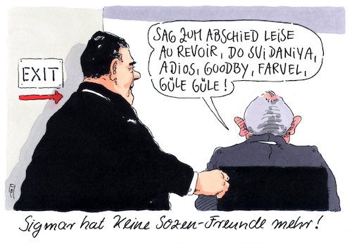 Cartoon: servus (medium) by Andreas Prüstel tagged sigmar,gabriel,rücktritt,außenminister,spd,schäuble,cartoon,karikatur,andreas,pruestel,sigmar,gabriel,rücktritt,außenminister,spd,schäuble,cartoon,karikatur,andreas,pruestel