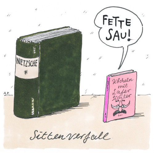 Cartoon: sittenverfall (medium) by Andreas Prüstel tagged lesen,buch,kochbuch,tvkochshow,lafer,lichter,nitzsche,lesen,buch,kochbuch,lichter,nitzsche,kochen