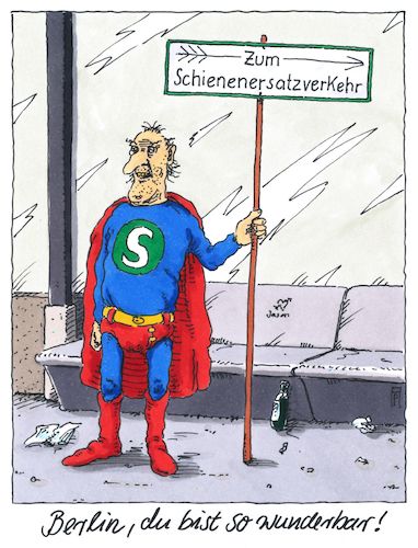 Cartoon: so wunderbar (medium) by Andreas Prüstel tagged berlin,unkonventionell,chaos,sbahn,schienenersatzverkehr,superman,cartoon,karikatur,andreas,pruestel,berlin,unkonventionell,chaos,sbahn,schienenersatzverkehr,superman,cartoon,karikatur,andreas,pruestel