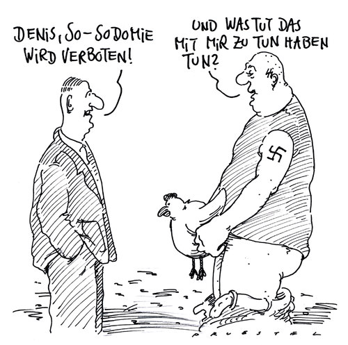 Cartoon: sodomie-verbot (medium) by Andreas Prüstel tagged sodomie,sodomieverbot,tierschutz,deutschland,huhn,hühnerficker,neonazi,denis,sodomie,sodomieverbot,tierschutz,deutschland,huhn,hühnerficker,neonazi,denis