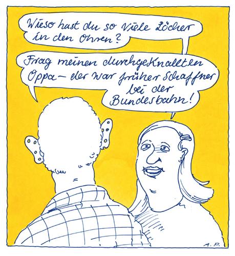 Cartoon: spätfolgen (medium) by Andreas Prüstel tagged opa,großvater,enkel,bundesbahn,schaffner,ohren,schaffnerzange,ohrlöcher,opa,großvater,enkel,bundesbahn,schaffner,ohren,schaffnerzange,ohrlöcher