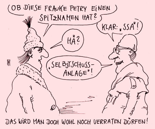 Cartoon: spitzname (medium) by Andreas Prüstel tagged frauke,petry,afd,flüchtlinge,grenzschließung,schußwaffen,schießbefehl,selbstschußanlagen,rechtsradikal,rechtspopulistisch,cartoon,karikatur,andreas,pruestel,frauke,petry,afd,flüchtlinge,grenzschließung,schußwaffen,schießbefehl,selbstschußanlagen,rechtsradikal,rechtspopulistisch,cartoon,karikatur,andreas,pruestel