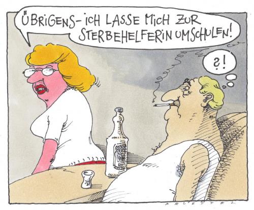 Cartoon: Sterbehilfe (medium) by Andreas Prüstel tagged sterbehilfe,tod,gesundheitssystem,paläativmedizin,sterbehilfe,tod,gesundheitssystem,palliativmedizin,arzt,ärzte,betreuer,krankenhaus,krankenschwester,künstliche beatmung,lebenserhaltende maßnahmen,letzter wille,pflegefall,sterben,testament,tot,wiederbelebung,pflege,pflegeheim,wunsch,ausbeutung,umschulung,sterbehelferin,moral,ethik,auswegslosigkeit,künstliche,beatmung,lebenserhaltende,maßnahmen,letzter,wille