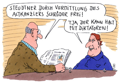 Cartoon: steudtner frei (medium) by Andreas Prüstel tagged türkei,verhaftungen,freilassung,steudtner,vermittlung,gerhard,schröder,diktatoren,erdogan,putin,cartoon,karikatur,andreas,pruestel,türkei,verhaftungen,freilassung,steudtner,vermittlung,gerhard,schröder,diktatoren,erdogan,putin,cartoon,karikatur,andreas,pruestel