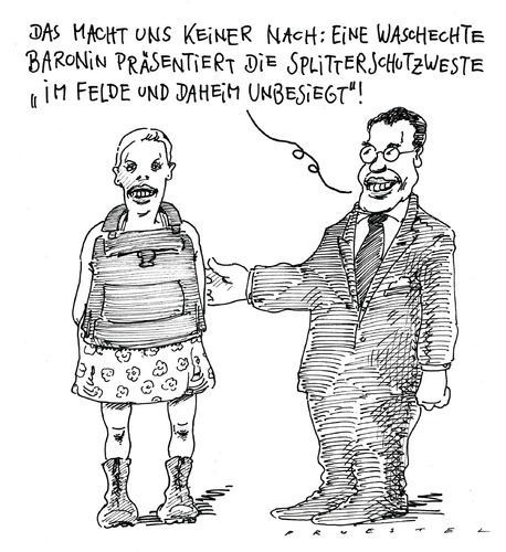 Cartoon: team guttenberg (medium) by Andreas Prüstel tagged guttenbergs,afghanistanreise,verteidigungsminister,baronin,splitterschutzweste,ministergattin,guttenberg,afghanistan,reise,urlaub,kriegsgebiet,verteidigungsminister,baronin