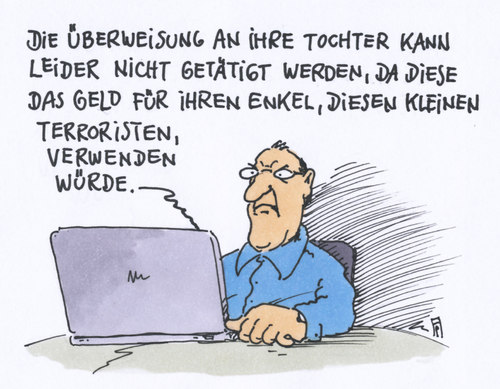 Cartoon: terrorist (medium) by Andreas Prüstel tagged pruestelg,andreas,karikatur,cartoon,laptop,computer,tochter,enkel,geheimdienste,bnd,usa,nsa,ausspionierung,banküberweisun,daten,onlineüberwachung