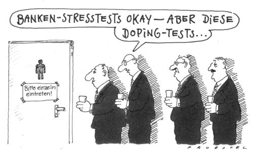 Cartoon: tests (medium) by Andreas Prüstel tagged bankenstesstests,europäische,banken,krisentauglichkeit,doping,dopingtest,banken,bank,stress,streß,geld,eu,europäische banken,krisentauglichkeit,krise,dopingtest,doping,europäische