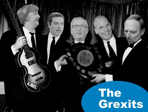 Cartoon: the grexits (medium) by Andreas Prüstel tagged griechenland,schuldenkrise,grexit,band,merkel,tsipras,juncker,varofakis,deutschland,eu,euro,europa,cartoon,collage,andreas,pruestel