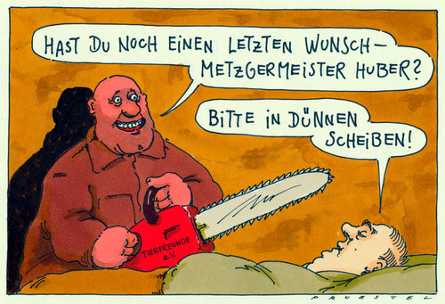 Cartoon: tierfreunde e.v. (medium) by Andreas Prüstel tagged tierfreund,tierfreundeverein,metzger,metzgermeister,kettensäge,mord,letzterwunsch,tierfreund,tierfreundeverein,metzger,metzgermeister,tiere,fleisch