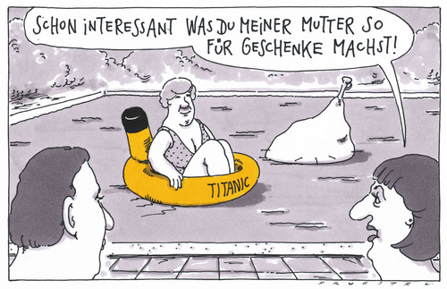 Cartoon: titanic (medium) by Andreas Prüstel tagged schwiegermutter,schlauchboot,pool,schiffsunglück,untergang,titanic,titanic,untergang,schiffsunglück,pool,schlauchboot,schwiegermutter