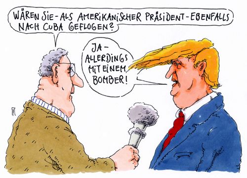 Cartoon: trump cuba (medium) by Andreas Prüstel tagged usa,cuba,obama,staatsbesuch,trump,bomber,cartoon,karikatur,andreas,pruestel,usa,cuba,obama,staatsbesuch,trump,bomber,cartoon,karikatur,andreas,pruestel