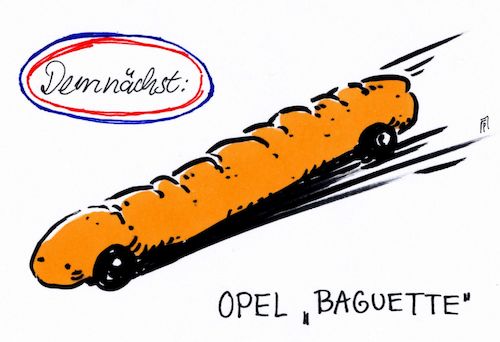 Cartoon: übernahme (medium) by Andreas Prüstel tagged opel,peugeot,gm,psa,übernahme,frankreich,baguette,cartoon,karikatur,andreas,pruestel,opel,peugeot,gm,psa,übernahme,frankreich,baguette,cartoon,karikatur,andreas,pruestel