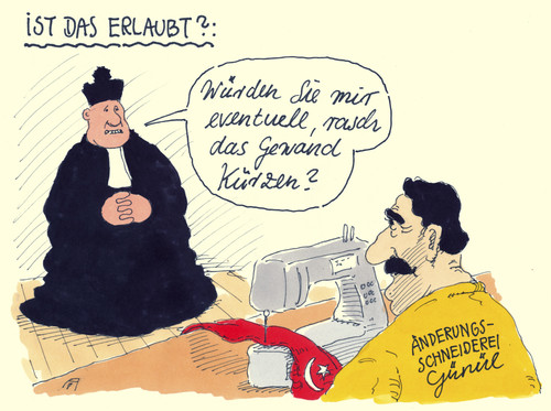 Cartoon: unchristlich (medium) by Andreas Prüstel tagged pruestel,andreas,karikatur,cartoon,änderungsschneiderei,gewand,pfarrer,chrislich,katholizismus,türkei,bayern,islam,muslim,schützenkönig,schützenkönig,muslim,islam,bayern,türkei,katholizismus,chrislich,pfarrer,gewand,änderungsschneiderei,cartoon,karikatur,andreas,pruestel