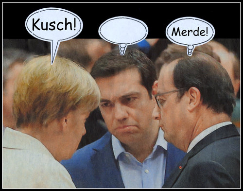 Cartoon: unflotter dreier (medium) by Andreas Prüstel tagged merkel,tsipras,hollande,cartoon,collage,andreas,pruestel