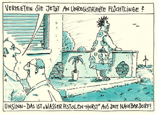 Cartoon: unregistriert (medium) by Andreas Prüstel tagged flüchtlinge,registrierung,vermietung,flüchtlingszustrom,wasserpistole,dorfdepp,cartoon,karikatur,andreas,pruestel,flüchtlinge,registrierung,vermietung,flüchtlingszustrom,wasserpistole,dorfdepp,cartoon,karikatur,andreas,pruestel