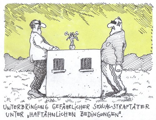 Cartoon: unterbringung (medium) by Andreas Prüstel tagged sexualstraftäter,justiz,reform,sicherungsverwahrung,strafvollzug,sexual,justiz,reform,sicherungsverwahrung,strafvollzug,sicherheit,verwahrung,kriminalität,gewalt,missbrauch,mißbrauch,verbrechen,verbrecher,gefängnis,knast,häftling,haft