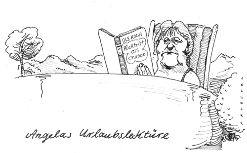 Cartoon: urlaubslektüre (medium) by Andreas Prüstel tagged personalschwund,urlaub,merkel,kanzlerin,cdu,kanzlerin,angela merkel,urlaub,personalschwund,cdu,kanzler,bundeskanzlerin,bundeskanzler,rücktritt,chance,ferien,literatur,angela,merkel