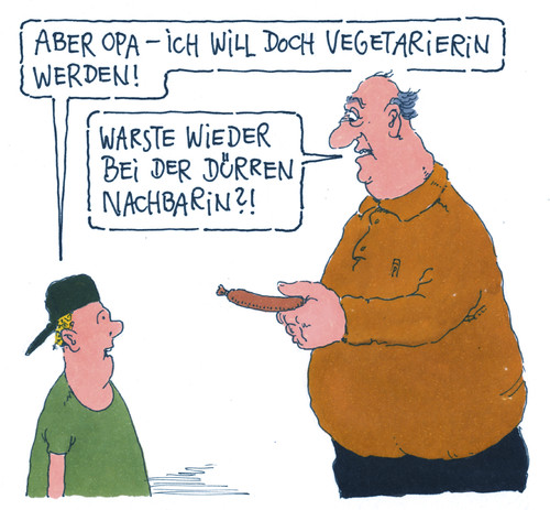 Cartoon: vegetarisch (medium) by Andreas Prüstel tagged vegetarier,vegetarierin,vegetarisch,ernährung,wurst,opa,großvater,enkel,nachbarin,cartoon,karikatur,andreas,pruestel,vegetarier,vegetarierin,vegetarisch,ernährung,wurst,opa,großvater,enkel,nachbarin,cartoon,karikatur,andreas,pruestel