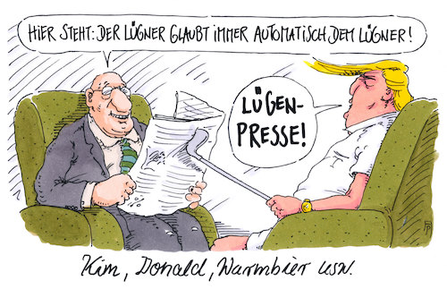 Cartoon: verlogen (medium) by Andreas Prüstel tagged treffen,trump,kim,jong,un,gefangenschaft,warmbier,lügen,lügenpresse,cartoon,karikatur,treffen,trump,kim,jong,un,gefangenschaft,warmbier,lügen,lügenpresse,cartoon,karikatur