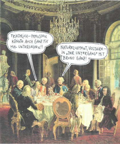 Cartoon: visionen in sanssouci (medium) by Andreas Prüstel tagged hitler,brunoganz,film,deruntergang,tafelrunde,voltaire,potsdam,schloßsanssouci,preussen,preussenkönig,alterfritz,friedrich2,adolphmenzel