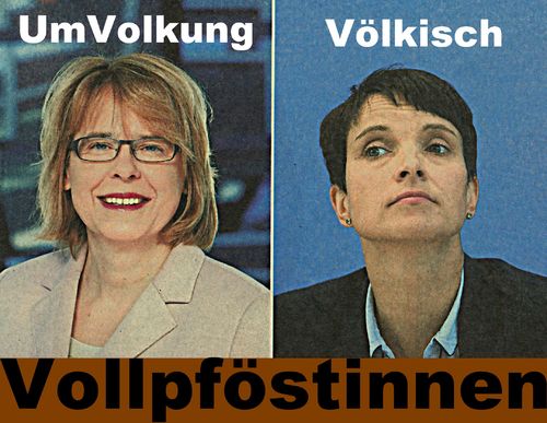 Cartoon: vo vö (medium) by Andreas Prüstel tagged umvolkung,völkisch,bettina,kudla,cdu,frauke,petry,afd,nazismus,sprache,rechtspopulismus,rechtsradikal,volk,deutsche,verschwörungstheorien,cartoon,collage,andreas,pruestel