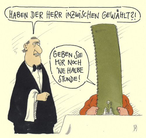 Cartoon: wahlqual (medium) by Andreas Prüstel tagged restaurant,speisekarte,auswahl,kellner,gast,cartoon,karikatur,andreas,pruestel,restaurant,speisekarte,auswahl,kellner,gast,cartoon,karikatur,andreas,pruestel