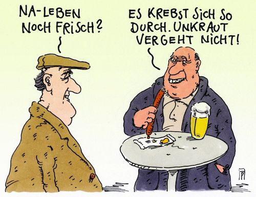 Cartoon: wurst und bier (medium) by Andreas Prüstel tagged wurst,bier,krebserregnde,stoffe,glyphosat,unkrautvernichtung,unkraut,krebs,cartoon,karikatur,andreas,pruestel,wurst,bier,krebserregnde,stoffe,glyphosat,unkrautvernichtung,unkraut,krebs,cartoon,karikatur,andreas,pruestel