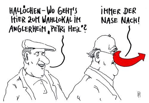 Cartoon: zum wahllokal (medium) by Andreas Prüstel tagged landtagswahlen,mecklenburg,vorpommern,afd,frauke,petry,petri,heil,anglerheim,cartoon,karikatur,andreas,pruestel,landtagswahlen,mecklenburg,vorpommern,afd,frauke,petry,petri,heil,anglerheim,cartoon,karikatur,andreas,pruestel