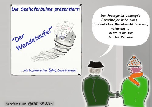 Cartoon: Der Wendeteufel (medium) by KRI-SE tagged protagonist,tragödie,komödie,bühne,teufel,beutelteufel,tasmanisch,angriff,krise,kritik,asylpolitik,regierung,koalition,merkel,cdu,unrechtcsu,herrschaft,unrechtsstaat,letzte,patrone,horst,seehofer