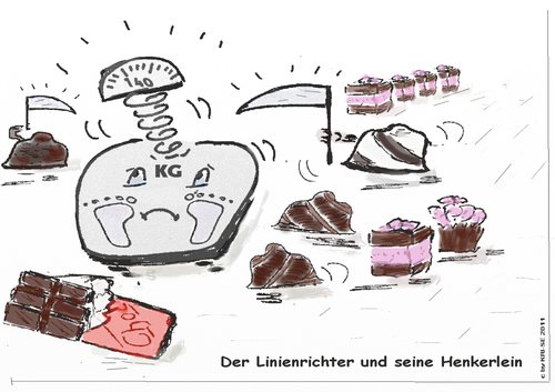 Cartoon: Linienrichter und Henkerlein (medium) by KRI-SE tagged vorsätze,völlerei,pralinen,schokolade,lebkuchen,waage,übergewicht,gewicht,kilo,diät,abnehmen,bmi,idealgewicht,gelüste,heißhunger,süßigkeiten,richter,henker,linienrichter,sense