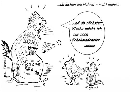 Cartoon: Osterstress (medium) by KRI-SE tagged nachfrage,geschäft,handel,haltung,stall,hahn,zwang,unmöglich,druck,kommerz,glücklich,hühner,ostereier,osterei,eier,schokoladeneier,schokolade,kakao,osterstress,ostern