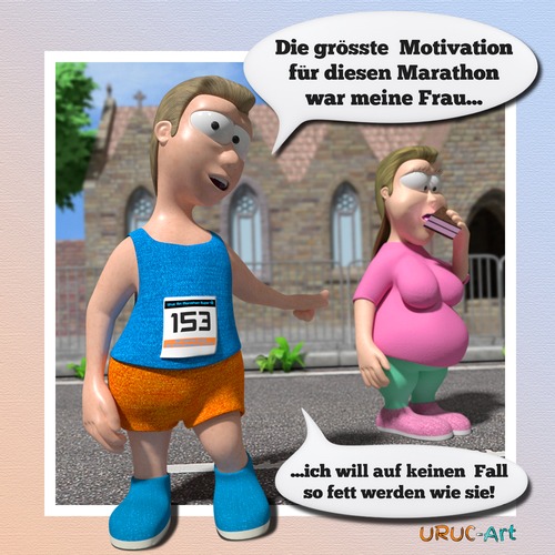 Cartoon: Motivation (medium) by uruc-art tagged sport,marathon,essen,fett,motivation,laufen,böse,mann,frau,dick,fies,gemein,torte,kuchen,pink,blau,gesund