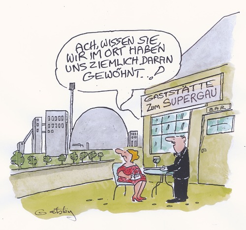 Cartoon: Zum Supergau (medium) by Peter Gatsby tagged supergau,supergau,akw,atomrkraftwerke,atomkraftwerk,atomkraft,wohnen,gastronomie