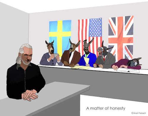Cartoon: Eine Frage der Ehrlichkeit (medium) by Aneli Fiebach tagged julian,assange,gerechtigkeit,menschenrechte,menschlichkeit,unrecht,brutalität