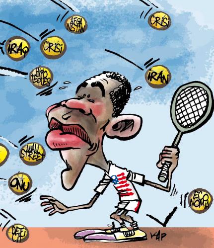 Cartoon: Tenist Obama (medium) by kap tagged obama,usa,politics,kap,usa,amerika,präsident,präsidentschaft,barack obama,erwartungen,erwartung,bürde,last,hürde,tennis,attacke,angriff,abwehr,krisen,krise,irak,probleme,regierung,hoffnung,barack,obama,spieler,tennisspieler