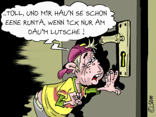 Cartoon: am dauman lutschen (medium) by sam tagged charackter,catoon,frau,mann,home,beziehung,bunt,woman,man