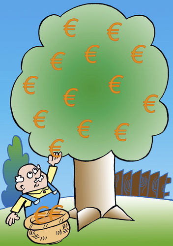 Cartoon: Erntehelfer (medium) by astaltoons tagged geldanlage,euro,börse,ernte,ertrag,apfelbaum,pflücken,geld