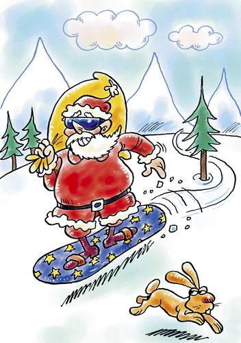 Cartoon: Weihnachten (medium) by astaltoons tagged weihnachten,weihnachtsmann,snowbord,schnee,hase,sack,cool