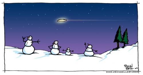 Cartoon: Alienated (medium) by JohnBellArt tagged snowman,snowmen,ufo,aliens,alien,spaceship,winter,believe,sighting