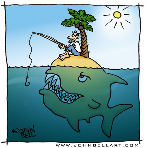 Cartoon: Desert Island Fishing (medium) by JohnBellArt tagged desert,island,fishing,fish,hook,danger,lure,predator,prey,palm,tree