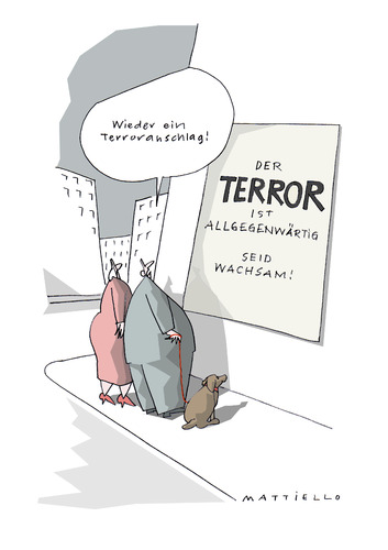 Cartoon: Anschlag (medium) by Mattiello tagged terror,hysterie,panikmache,wachsamkeit,warnung,mattiello,terror,hysterie,wachsamkeit,warnung,panik,terrorismus,psyche,angst,furcht,anschlag