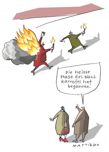 Cartoon: Heisse Phase (medium) by Mattiello tagged wahlen,wahlkampf,wahlen,wahlkampf,wählen,bürger,partei,parteien,kandidatur,intrigen,machtkampf,feuer,ausstechen,kampf,kämpfen,wahltag