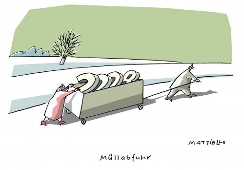 Cartoon: Müllabfuhr (medium) by Mattiello tagged altjahr,jahreswechsel,2008,jahreswechsel,2008,altjahr,2009 silvester,neujahr,alt,neu,abfuhr,müll,abfall,müllabfuhr,dreck,2009,silvester