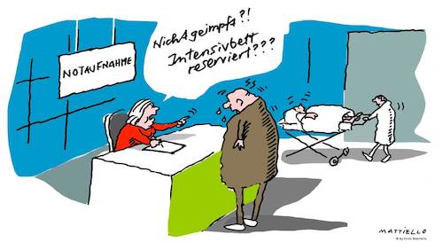 Cartoon: Notaufnahme (medium) by Mattiello tagged covid,covidleugner,impfen,impfverweigerer,verschwörungstheoretiker,testen,intensivbetten,intensivstation,spitäler,ärzte,pflegepersonal,virologen,querdenker